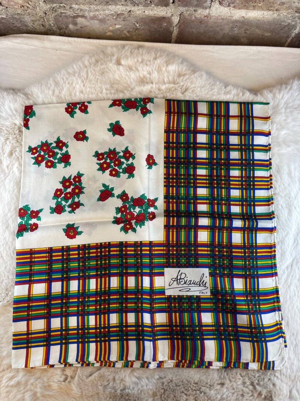 Vintage Italian A. Biauchi Floral Plaid Ladies Silk Square Scarf Retro Rolled He